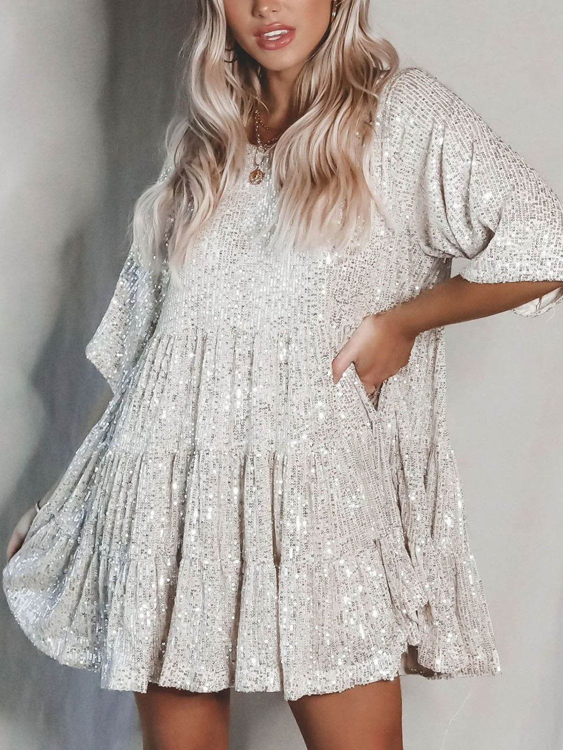 Full Size Sequin Round Neck Half Sleeve Mini Dress free shipping -Oh Em Gee Boutique