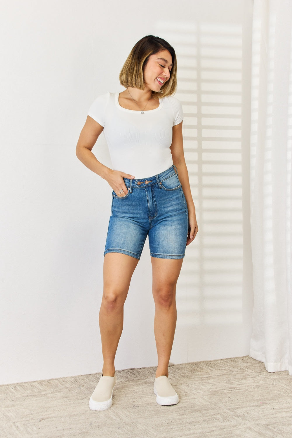 Judy Blue Full Size Tummy Control Double Button Bermuda Denim Shorts free shipping -Oh Em Gee Boutique