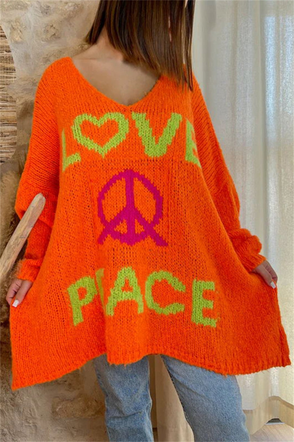 Peace Graphic V-Neck Long Sleeve Sweater free shipping -Oh Em Gee Boutique