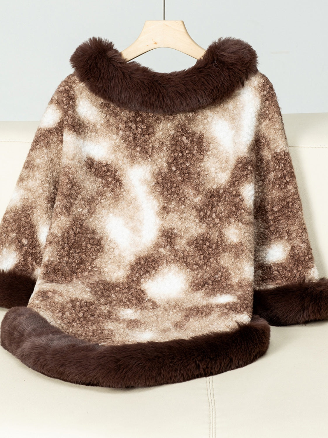 Furry Contrast Three-Quarter Poncho free shipping -Oh Em Gee Boutique