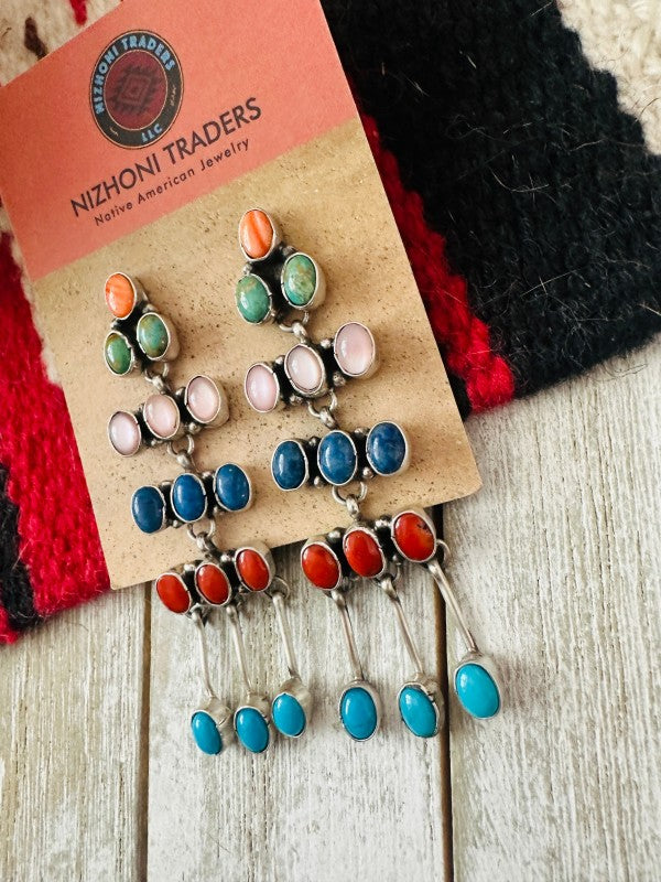Navajo Multi Stone & Sterling Silver Chandelier Dangle Earrings free shipping -Oh Em Gee Boutique
