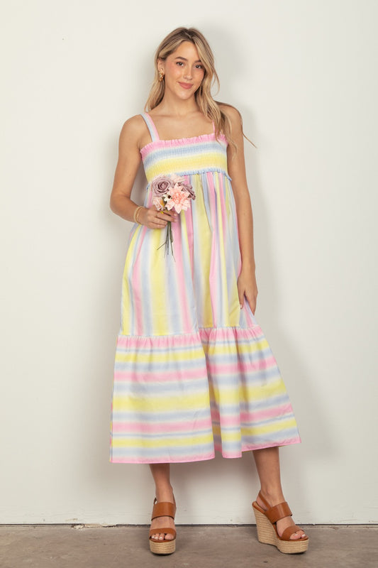 VERY J Striped Woven Smocked Midi Cami Dress free shipping -Oh Em Gee Boutique