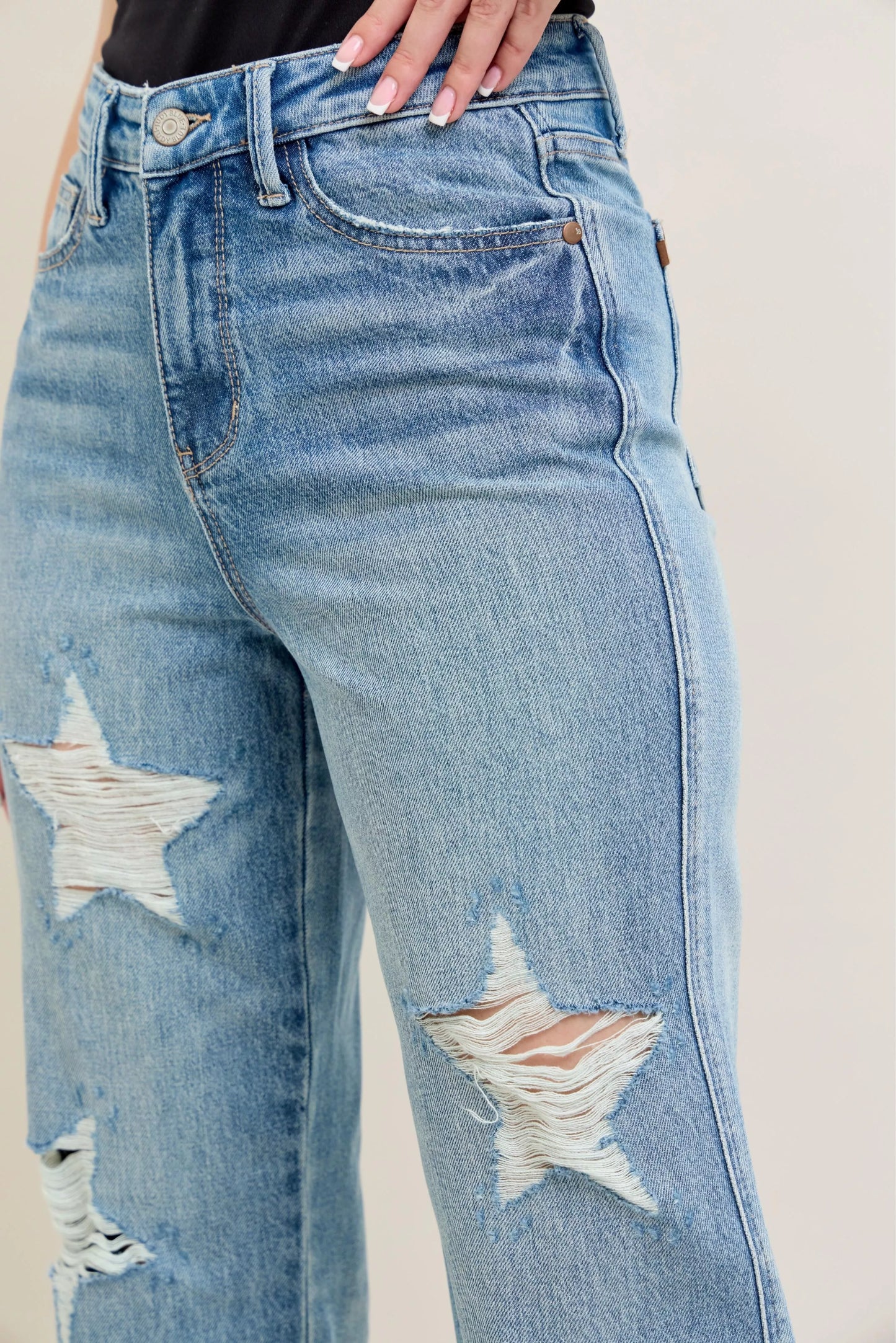 Judy Blue Full Size High Waist  Rigid Magic Star Shaped Destroy 90's Straight Jeans Plus Size free shipping -Oh Em Gee Boutique