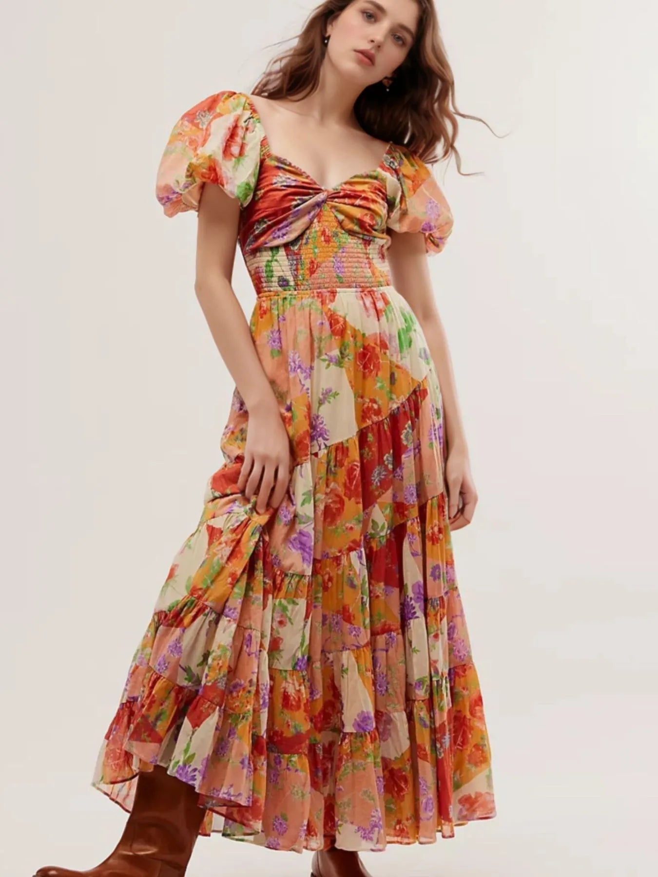 Printed Sweetheart Neck Puff Sleeve Maxi Dress free shipping -Oh Em Gee Boutique