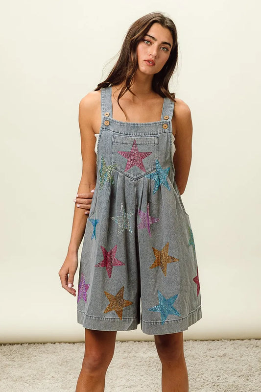 BiBi Star Rhinestone Washed Wide Leg Shortalls free shipping -Oh Em Gee Boutique