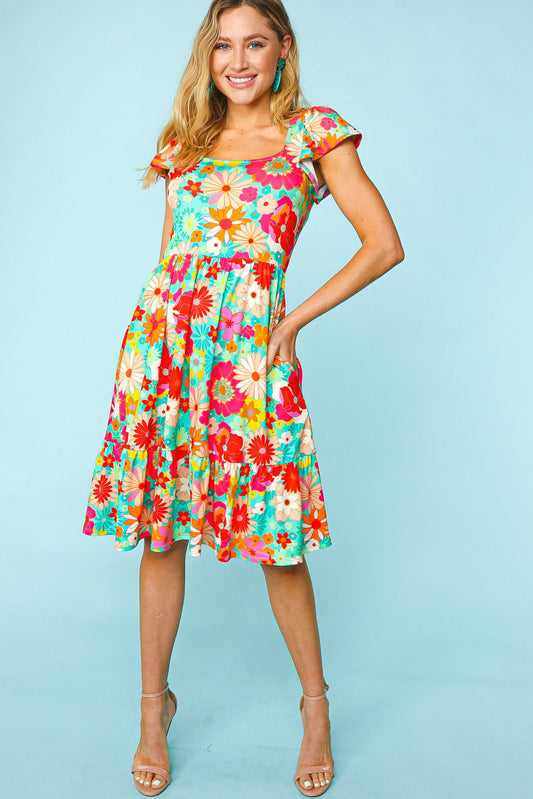 Haptics Floral Square Neck Short Sleeve Dress free shipping -Oh Em Gee Boutique