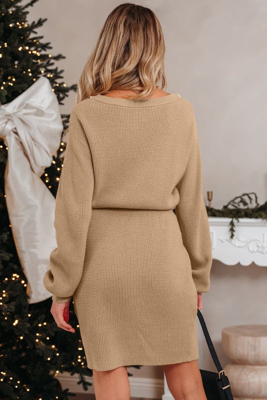 Pearl Embellished Keyhole Ribbed Sweater Dress free shipping -Oh Em Gee Boutique