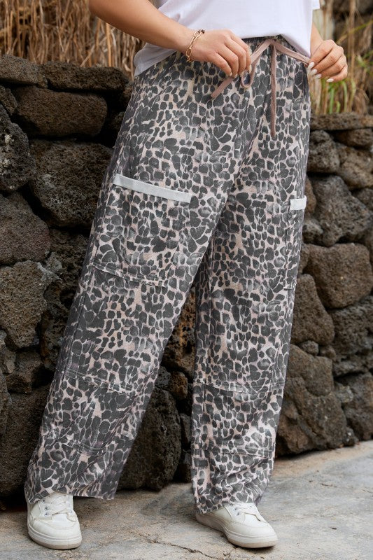 Plus Size Leopard Patch Pocket Drawstring Pants free shipping -Oh Em Gee Boutique