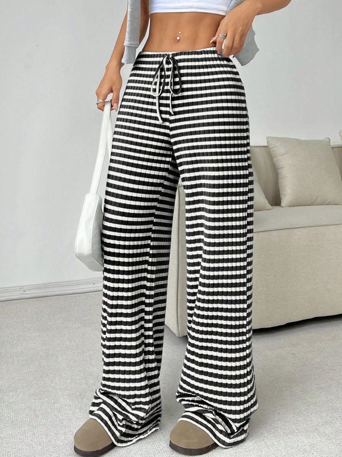 Tied Striped Wide Leg Pants free shipping -Oh Em Gee Boutique