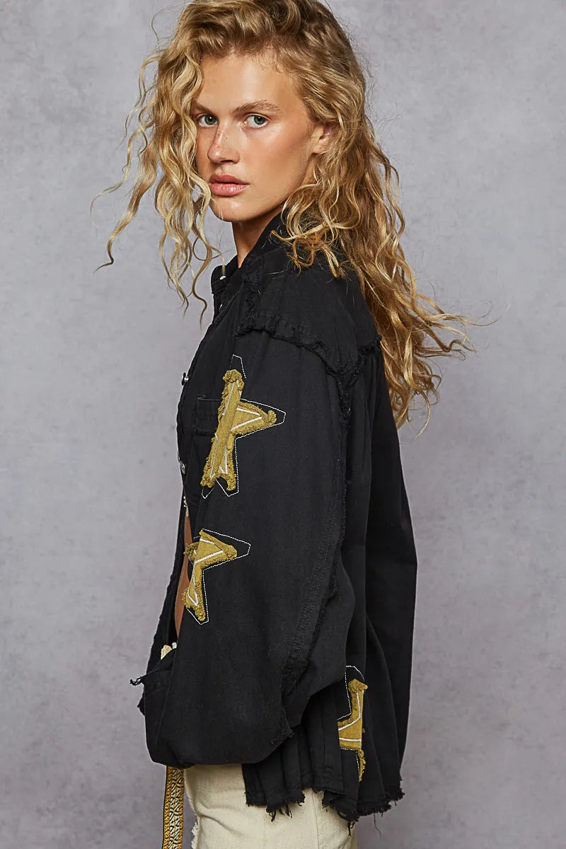 POL Star Patch Raw Hem Button Up Denim Jacket free shipping -Oh Em Gee Boutique