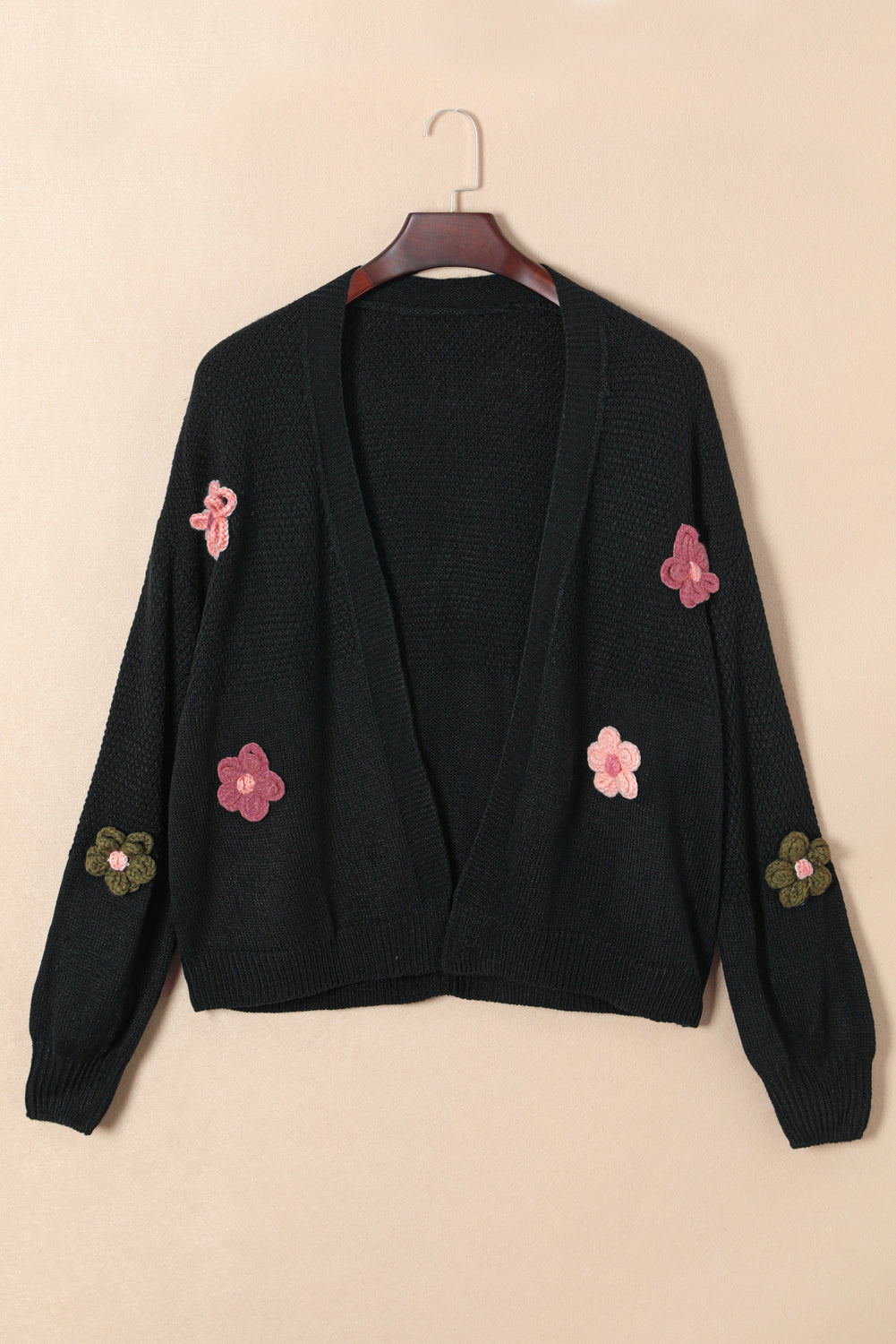 Floral Applique Drop Shoulder Open Front Cardigan free shipping -Oh Em Gee Boutique