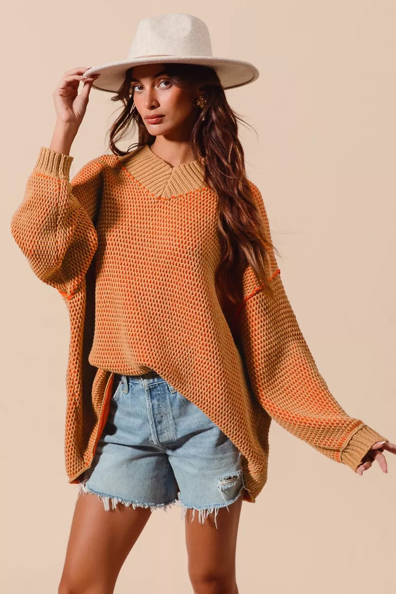 SO ME Oversized Two Tone Textured V Neck Sweater free shipping -Oh Em Gee Boutique