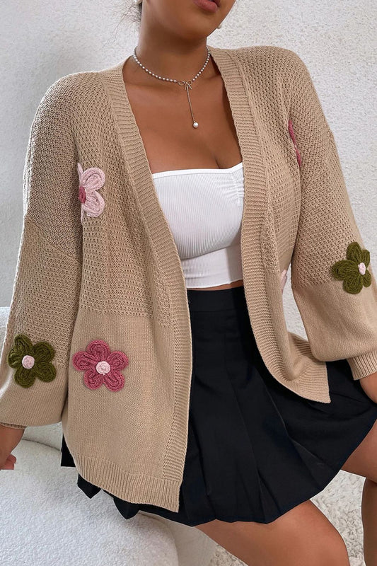 Floral Applique Drop Shoulder Open Front Cardigan free shipping -Oh Em Gee Boutique