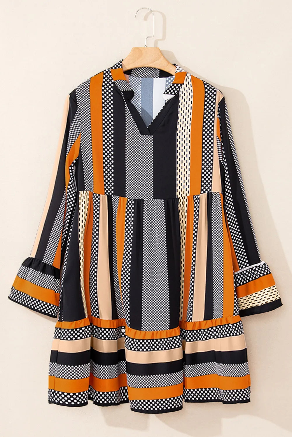 Printed Notched Long Sleeve Mini Dress free shipping -Oh Em Gee Boutique