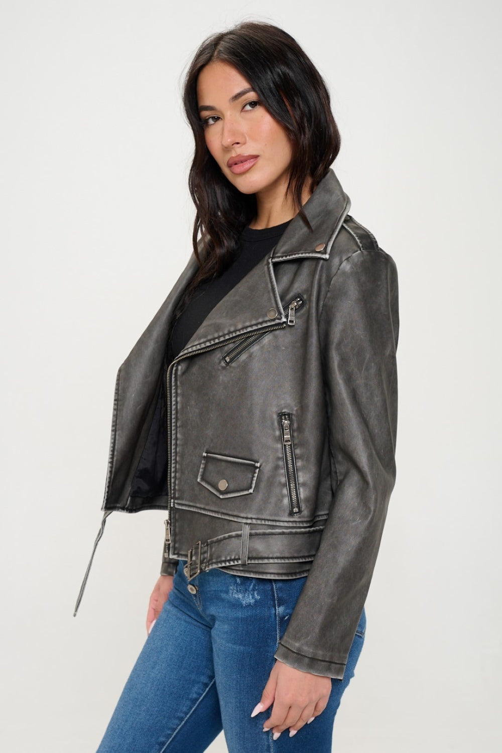 Coalition LA Zip Up Biker Jacket with Belt free shipping -Oh Em Gee Boutique