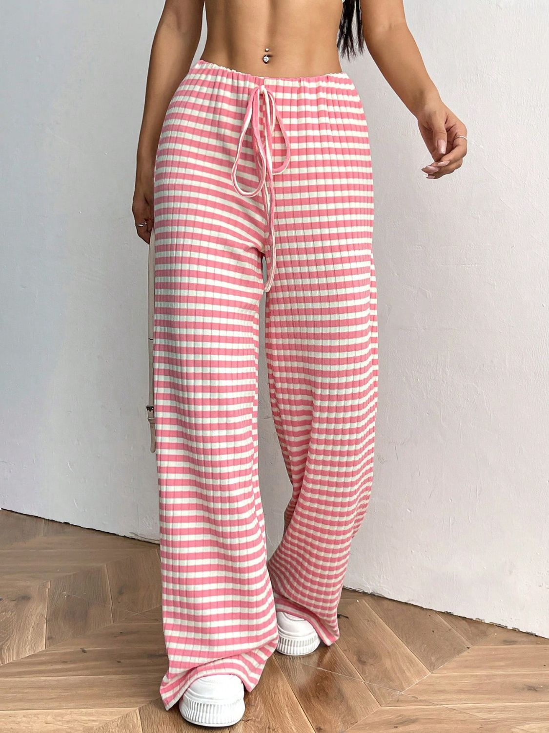 Tied Striped Wide Leg Pants free shipping -Oh Em Gee Boutique