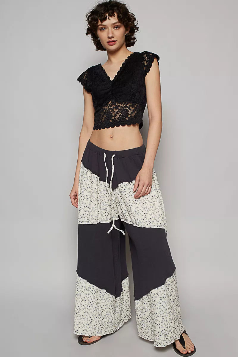 POL Contrast Floral Drawstring Wide Leg Pants free shipping -Oh Em Gee Boutique