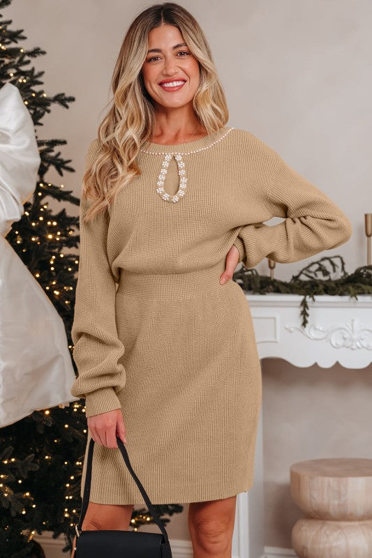 Pearl Embellished Keyhole Ribbed Sweater Dress free shipping -Oh Em Gee Boutique