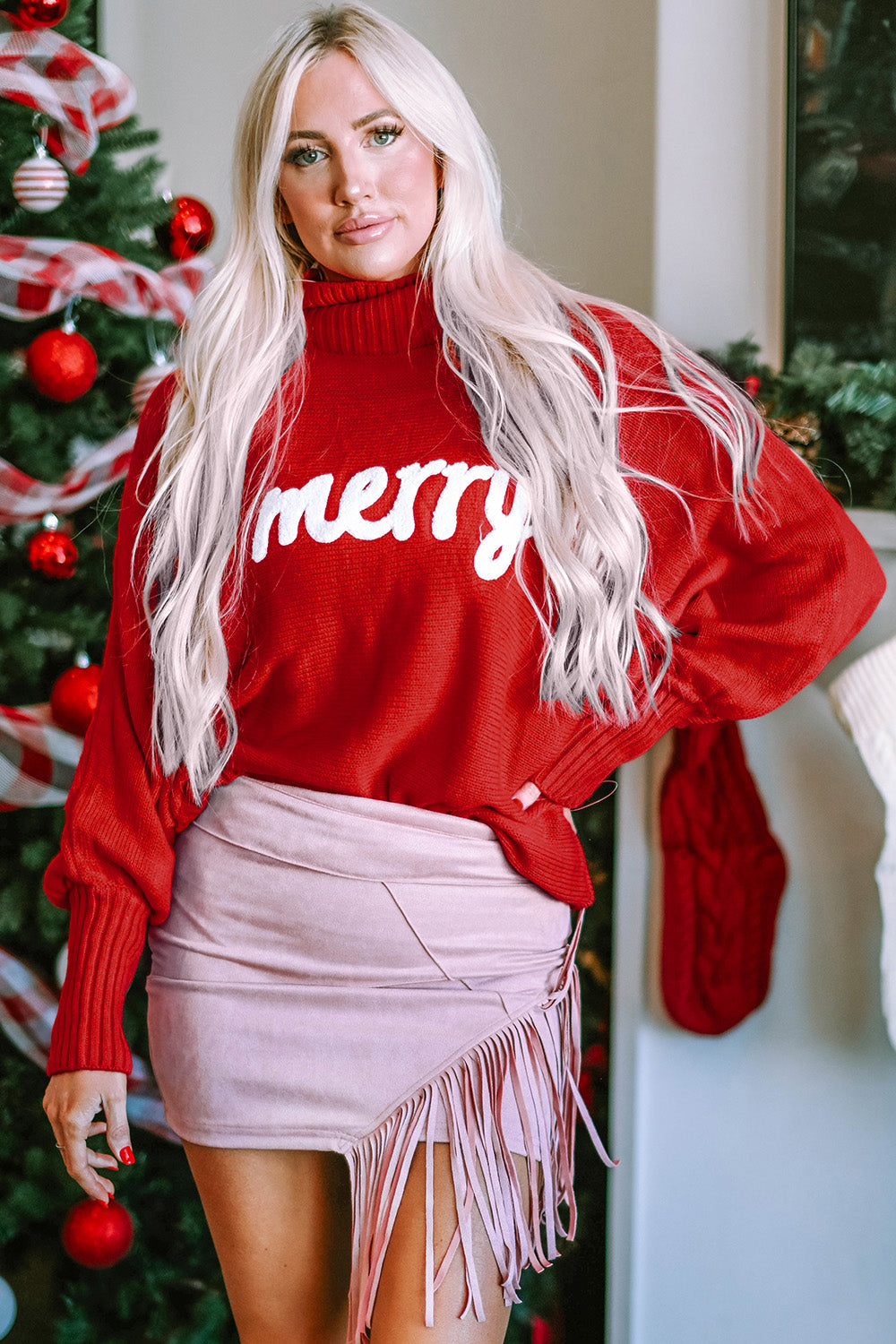 Double Take Full Size Merry Christmas Turtleneck Long Sleeve Sweater free shipping -Oh Em Gee Boutique