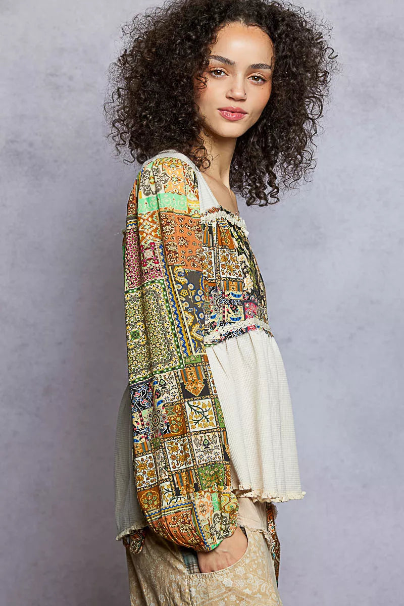 POL Balloon Sleeve Peplum Blouse with Trim Detail free shipping -Oh Em Gee Boutique