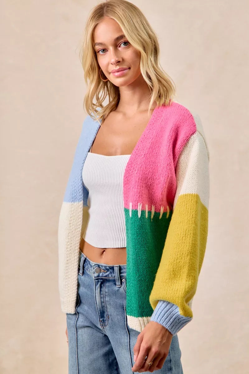 BiBi Color Block Open Front Sweater Cardigan free shipping -Oh Em Gee Boutique