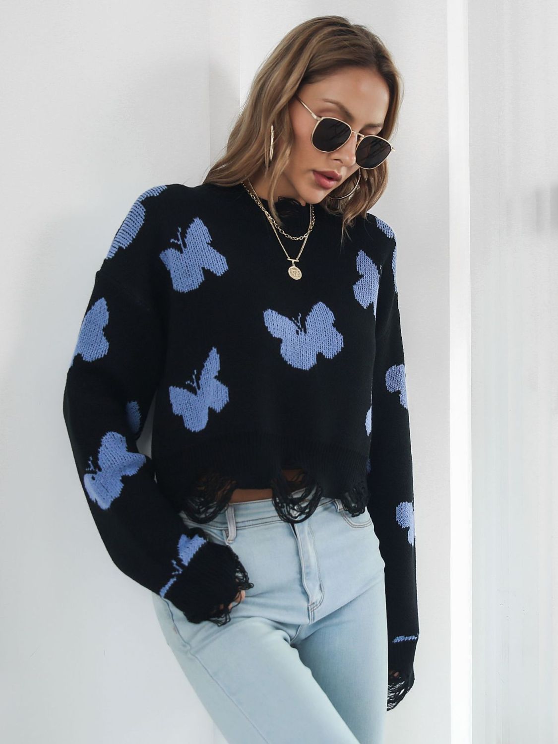 Distressed Butterfly Cropped Sweater free shipping -Oh Em Gee Boutique