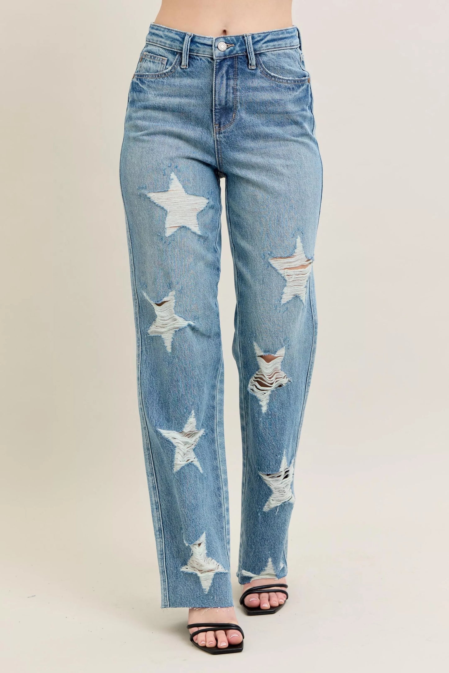 Judy Blue Full Size High Waist  Rigid Magic Star Shaped Destroy 90's Straight Jeans Plus Size free shipping -Oh Em Gee Boutique