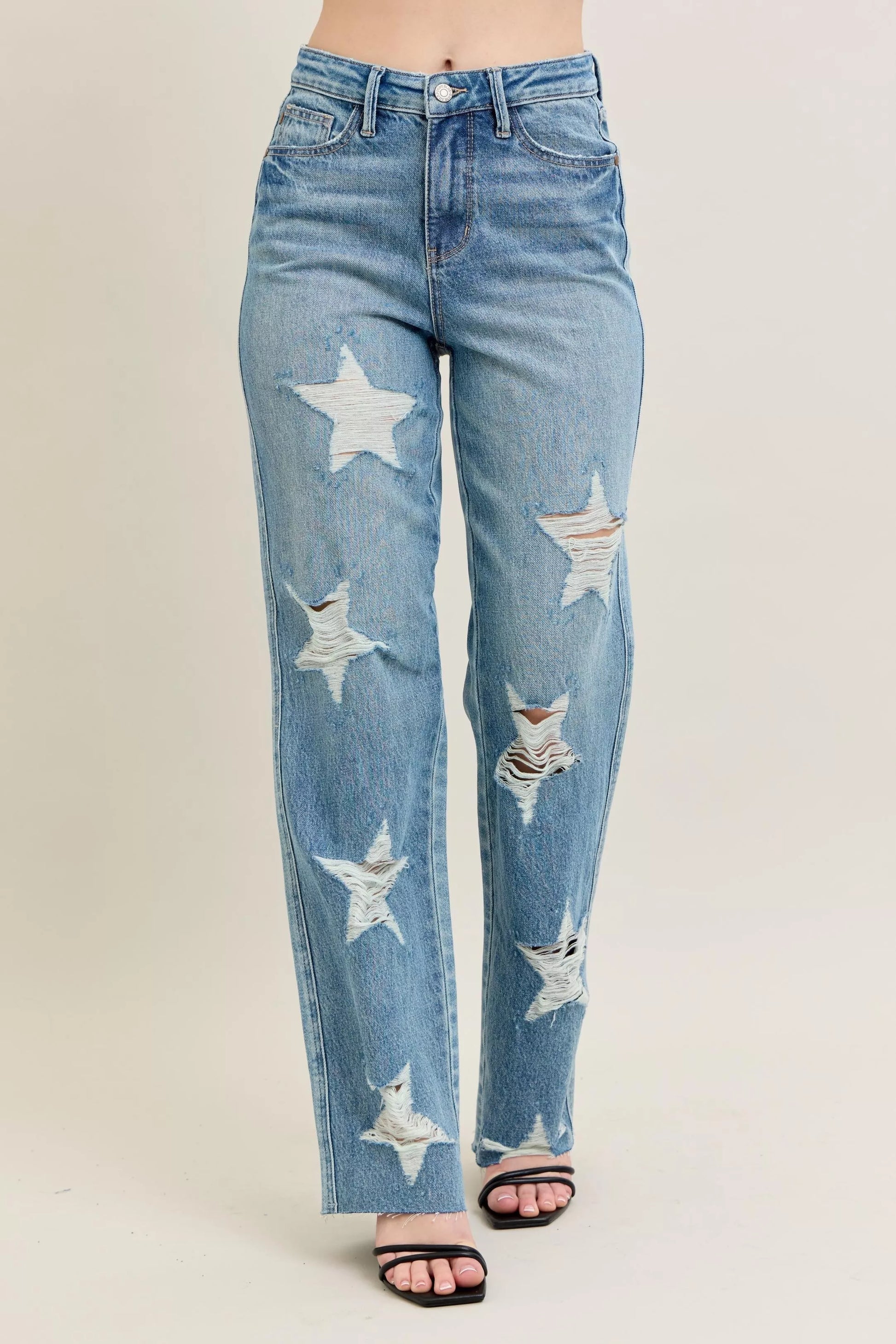 Judy Blue Full Size High Waist  Rigid Magic Star Shaped Destroy 90's Straight Jeans Plus Size free shipping -Oh Em Gee Boutique