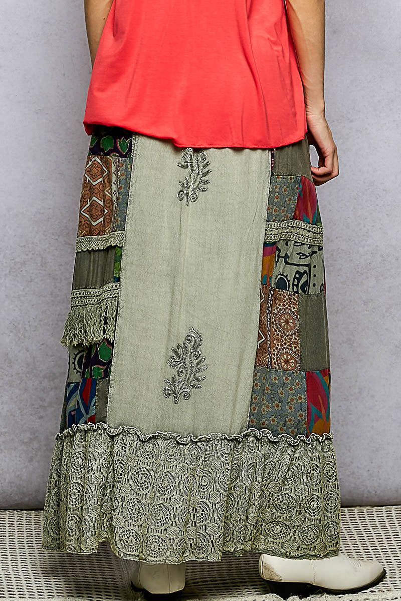 POL Printed Patchwork Embroidered Ruffled Skirt free shipping -Oh Em Gee Boutique
