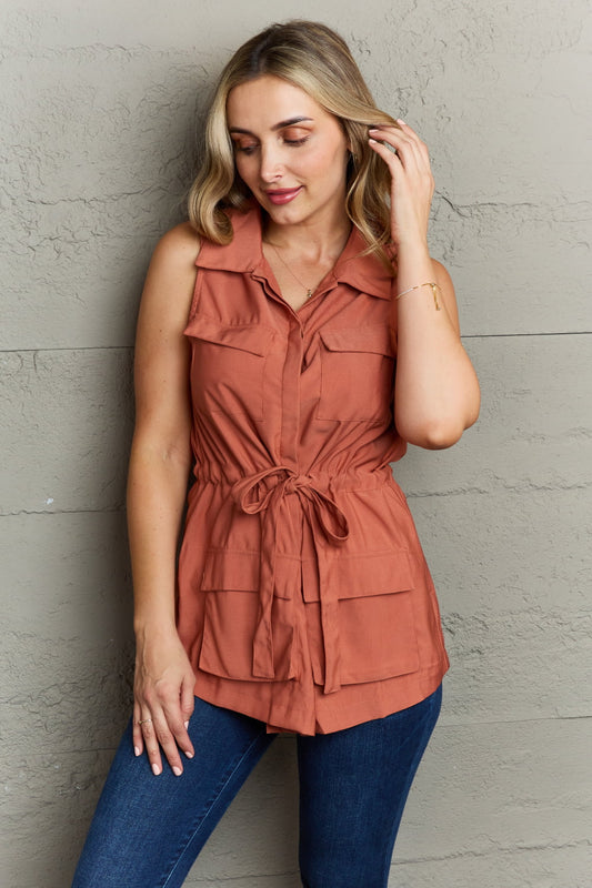 Ninexis Follow The Light Sleeveless Collared Button Down Top free shipping -Oh Em Gee Boutique