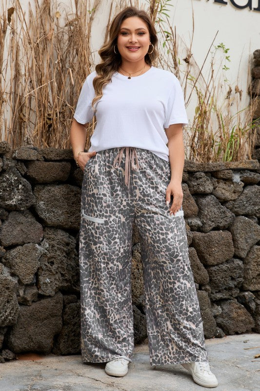 Plus Size Leopard Patch Pocket Drawstring Pants free shipping -Oh Em Gee Boutique