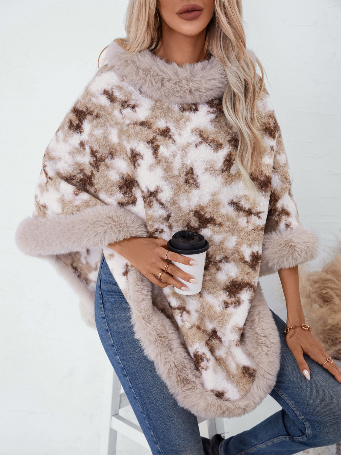 Furry Contrast Three-Quarter Poncho free shipping -Oh Em Gee Boutique