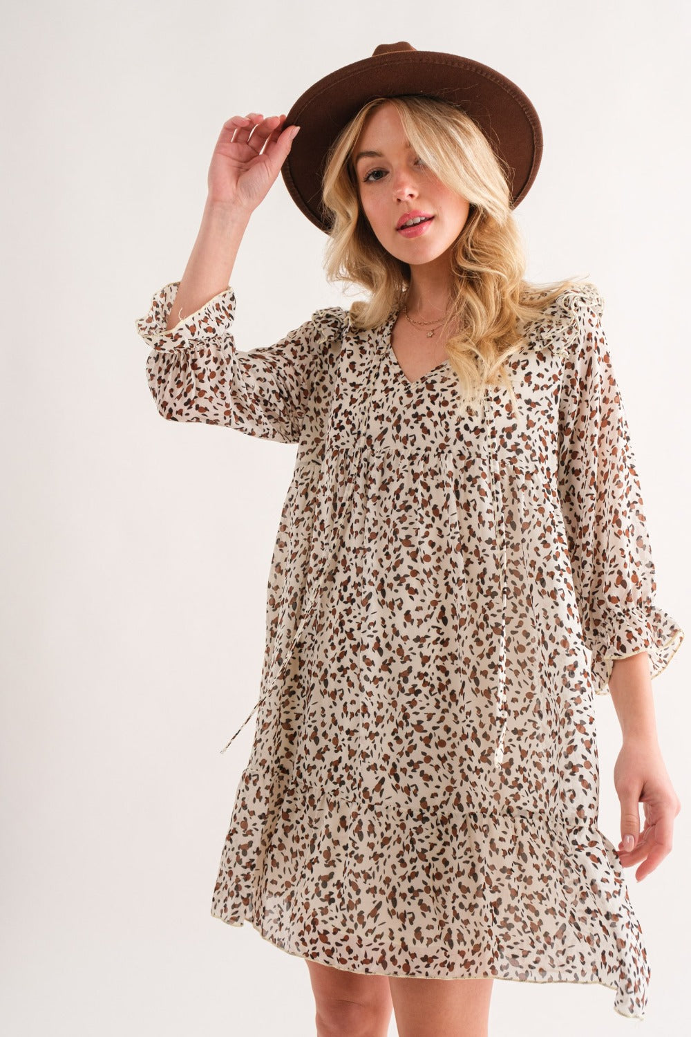 And The Why Leopard Ruffle Hem Woven Mini Dress free shipping -Oh Em Gee Boutique