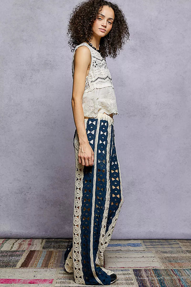 POL Openwork Wide Leg Pants with Stripe Detail free shipping -Oh Em Gee Boutique