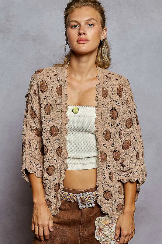 POL Openwork V-Neck Chenille Cardigan with Contrast Floral free shipping -Oh Em Gee Boutique