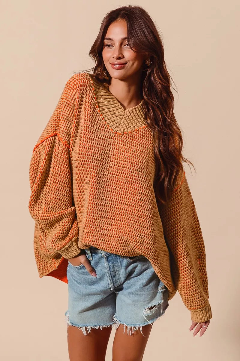 SO ME Oversized Two Tone Textured V Neck Sweater free shipping -Oh Em Gee Boutique