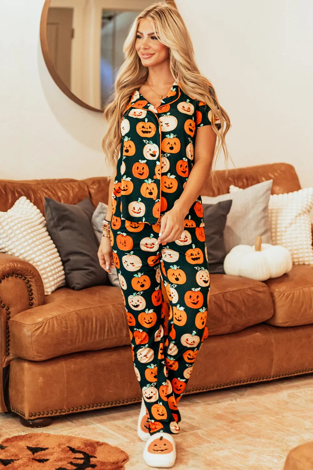 Pumpkin Printed Short Sleeve Top and Pants Lounge Set free shipping -Oh Em Gee Boutique