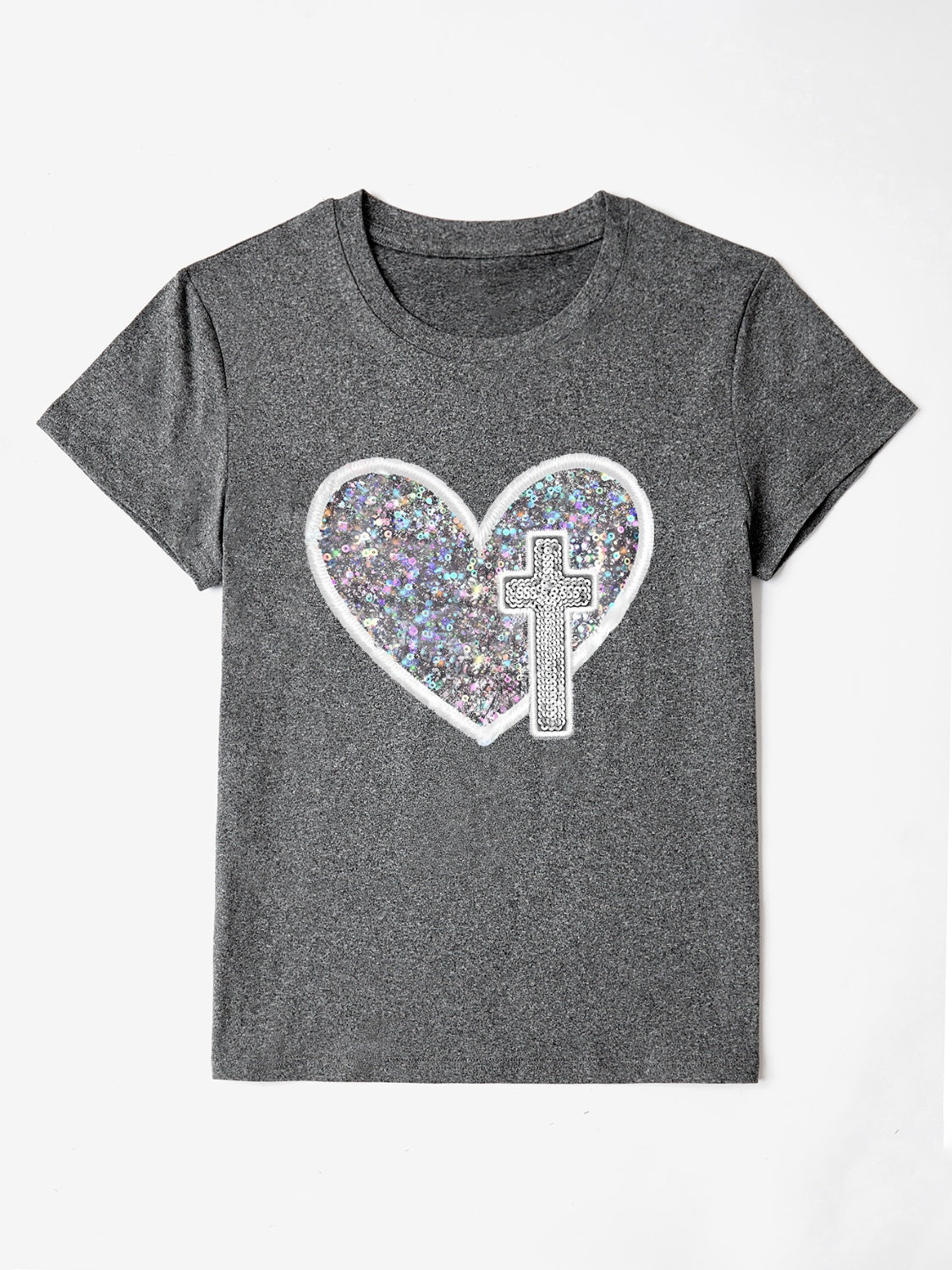 Graphic Heart Round Neck Short Sleeve T-Shirt with Cross Design free shipping -Oh Em Gee Boutique