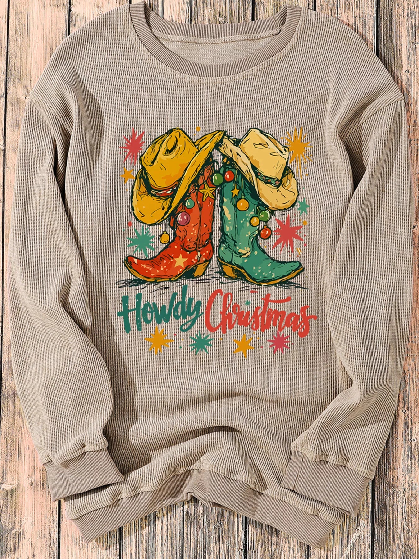 Howdy Christmas Cowboy Boots Graphic Corded Sweatshirt free shipping -Oh Em Gee Boutique