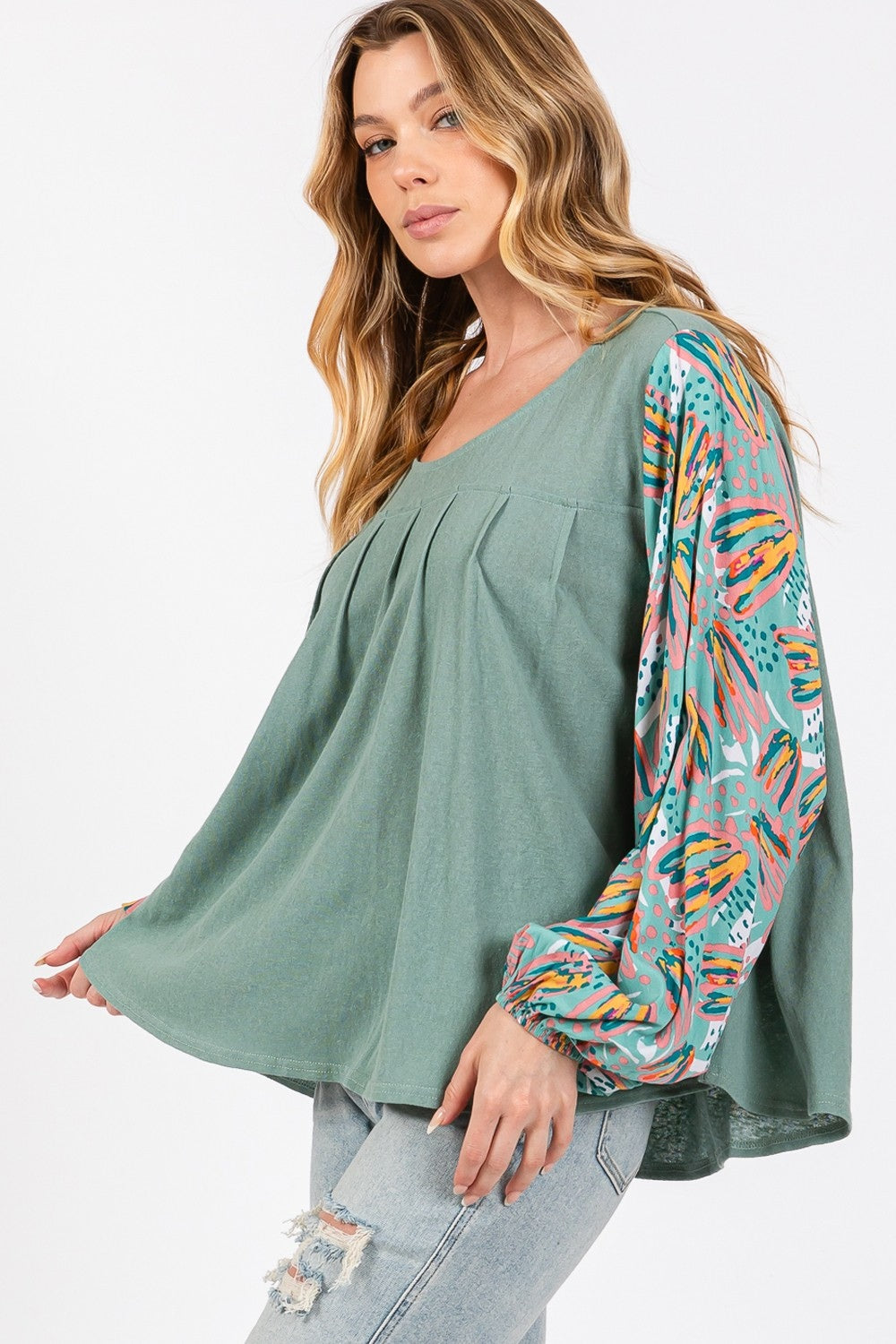 SAGE + FIG Ruched Round Neck Printed Bubble Sleeve Top free shipping -Oh Em Gee Boutique