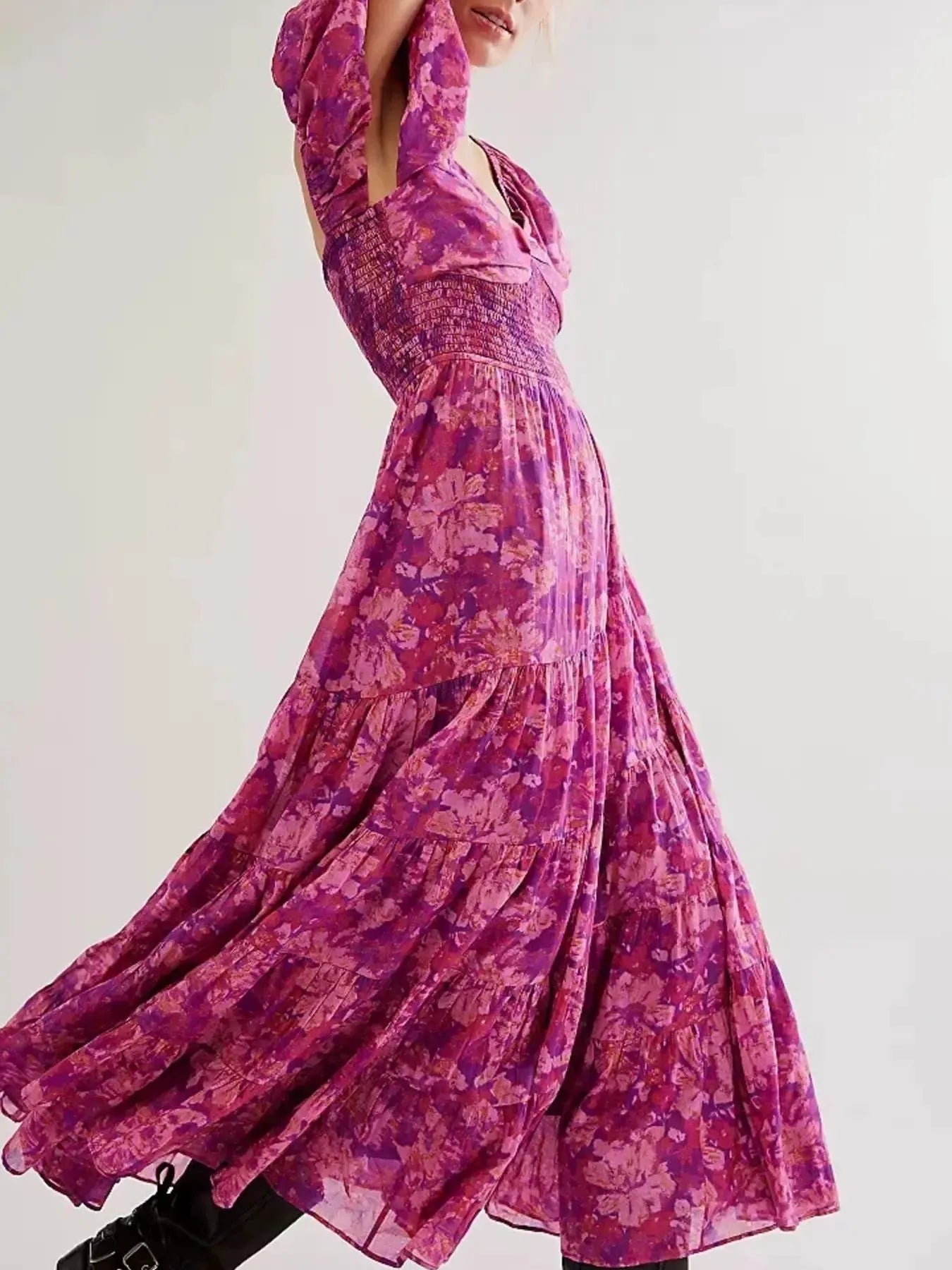 Printed Sweetheart Neck Puff Sleeve Maxi Dress free shipping -Oh Em Gee Boutique
