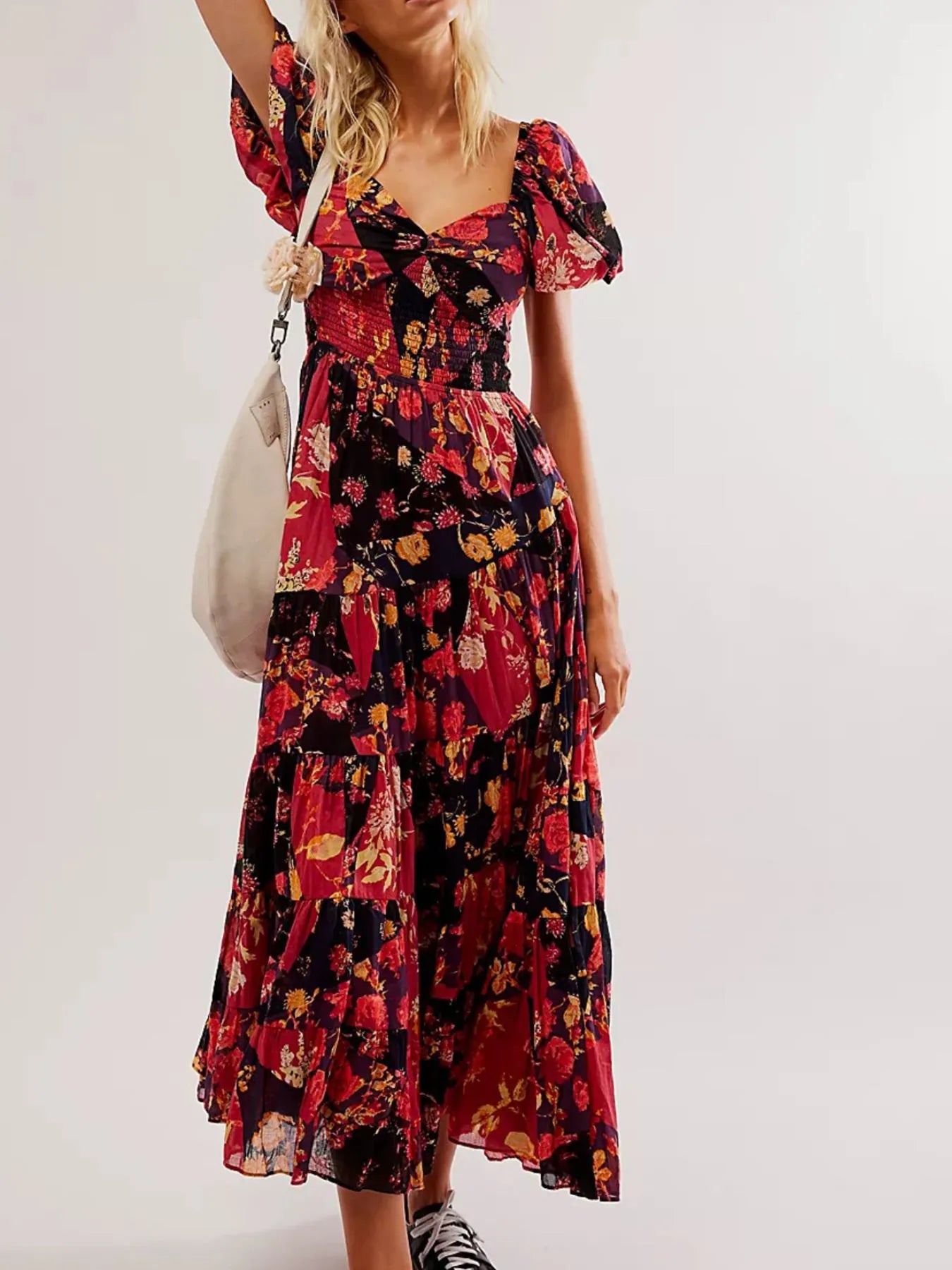 Printed Sweetheart Neck Puff Sleeve Maxi Dress free shipping -Oh Em Gee Boutique