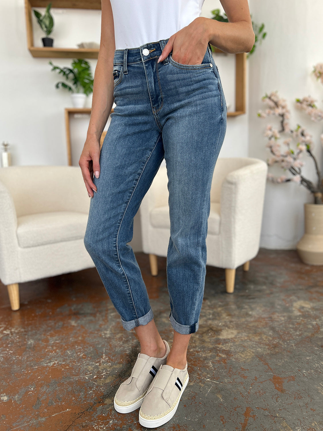 Judy Blue Full Size Cuffed Hem Low Waist Slim Jeans free shipping -Oh Em Gee Boutique