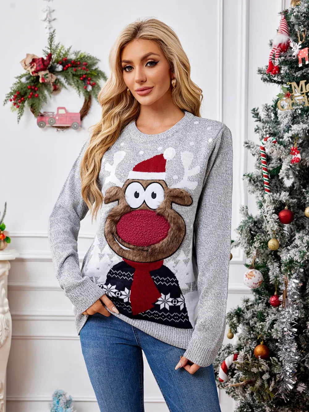 Reindeer Round Neck Long Sleeve Sweater free shipping -Oh Em Gee Boutique