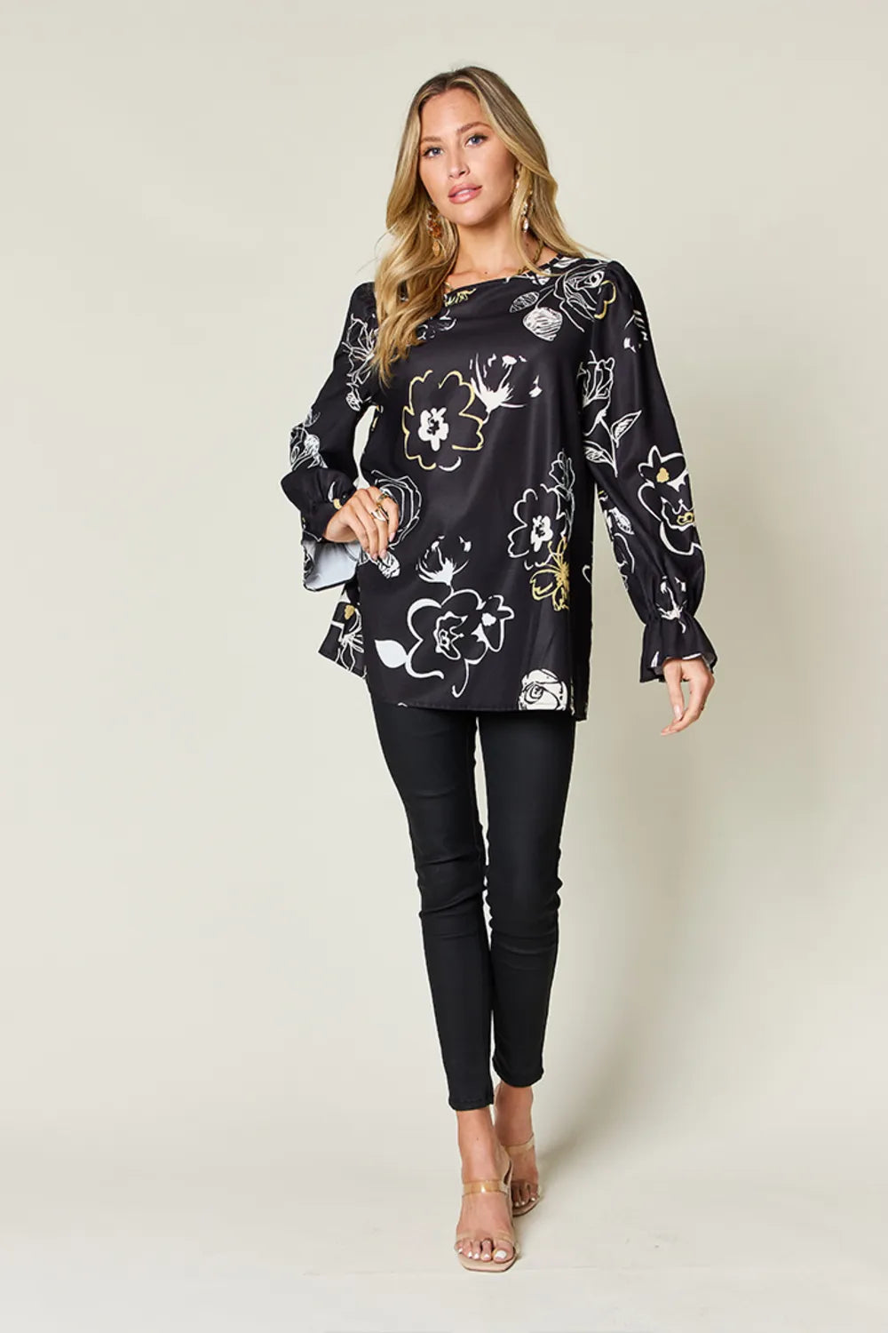 Double Take Full Size Printed Flounce Sleeve Blouse free shipping -Oh Em Gee Boutique