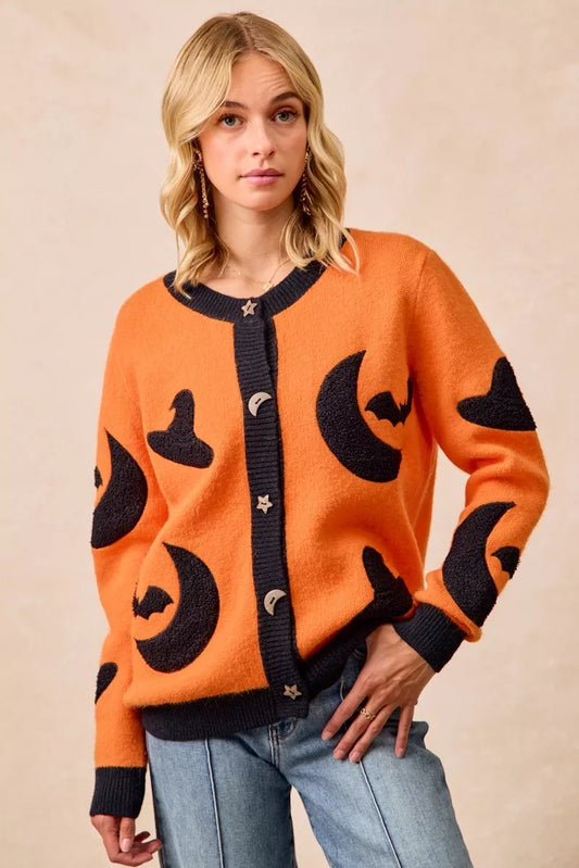 BiBi Halloween Witch Hat Moon Bat Artwork Cardigan free shipping -Oh Em Gee Boutique