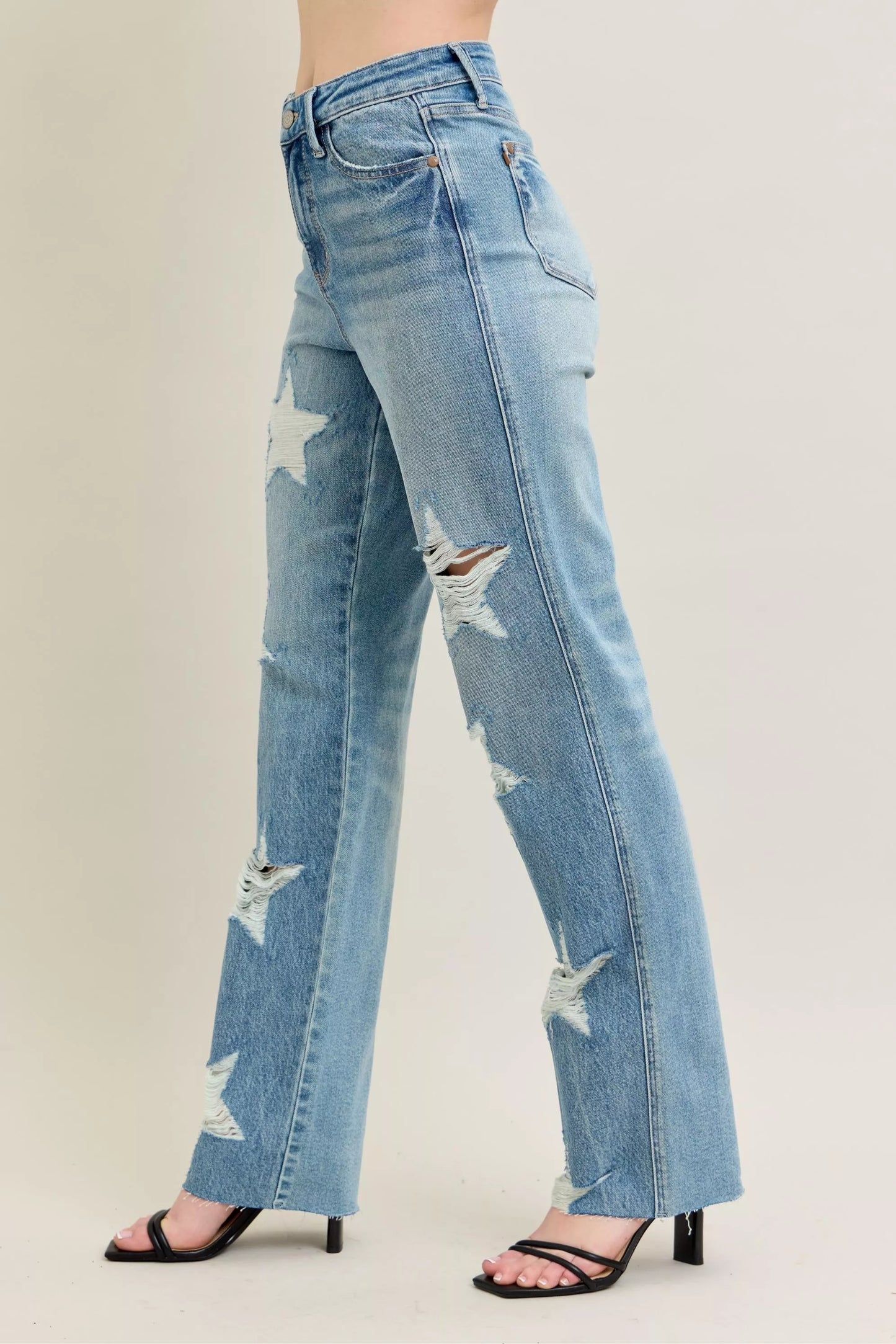 Judy Blue Full Size High Waist  Rigid Magic Star Shaped Destroy 90's Straight Jeans Plus Size free shipping -Oh Em Gee Boutique