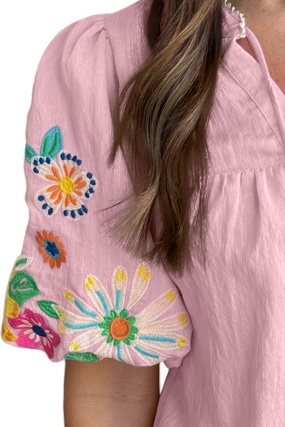 Embroidered Tie Neck Half Sleeve Blouse free shipping -Oh Em Gee Boutique