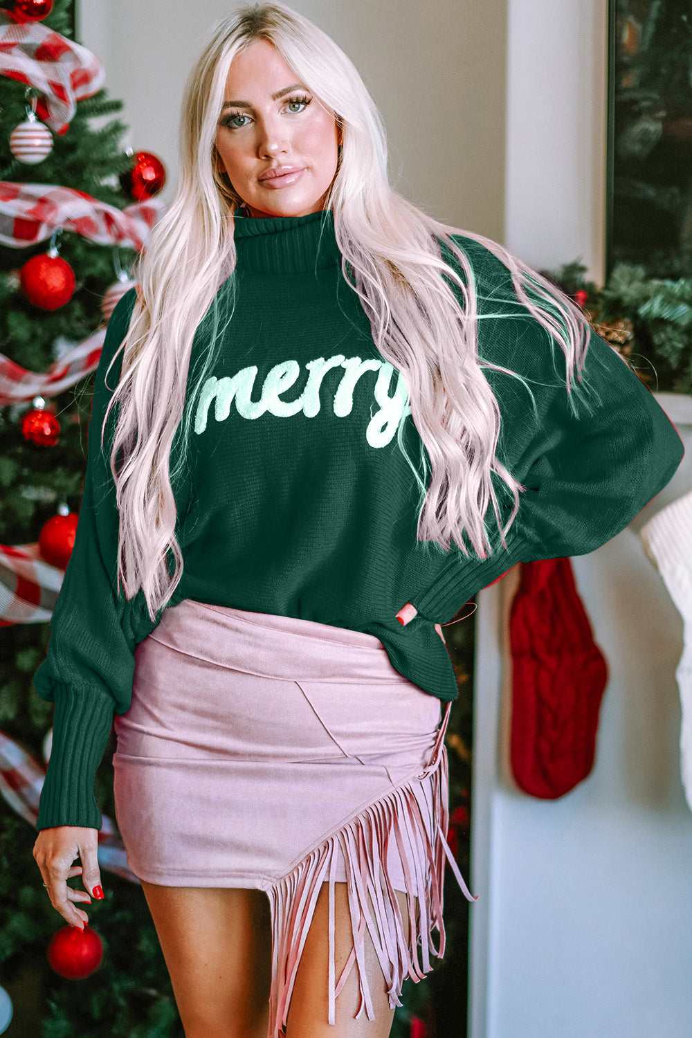 Double Take Full Size Merry Christmas Turtleneck Long Sleeve Sweater free shipping -Oh Em Gee Boutique