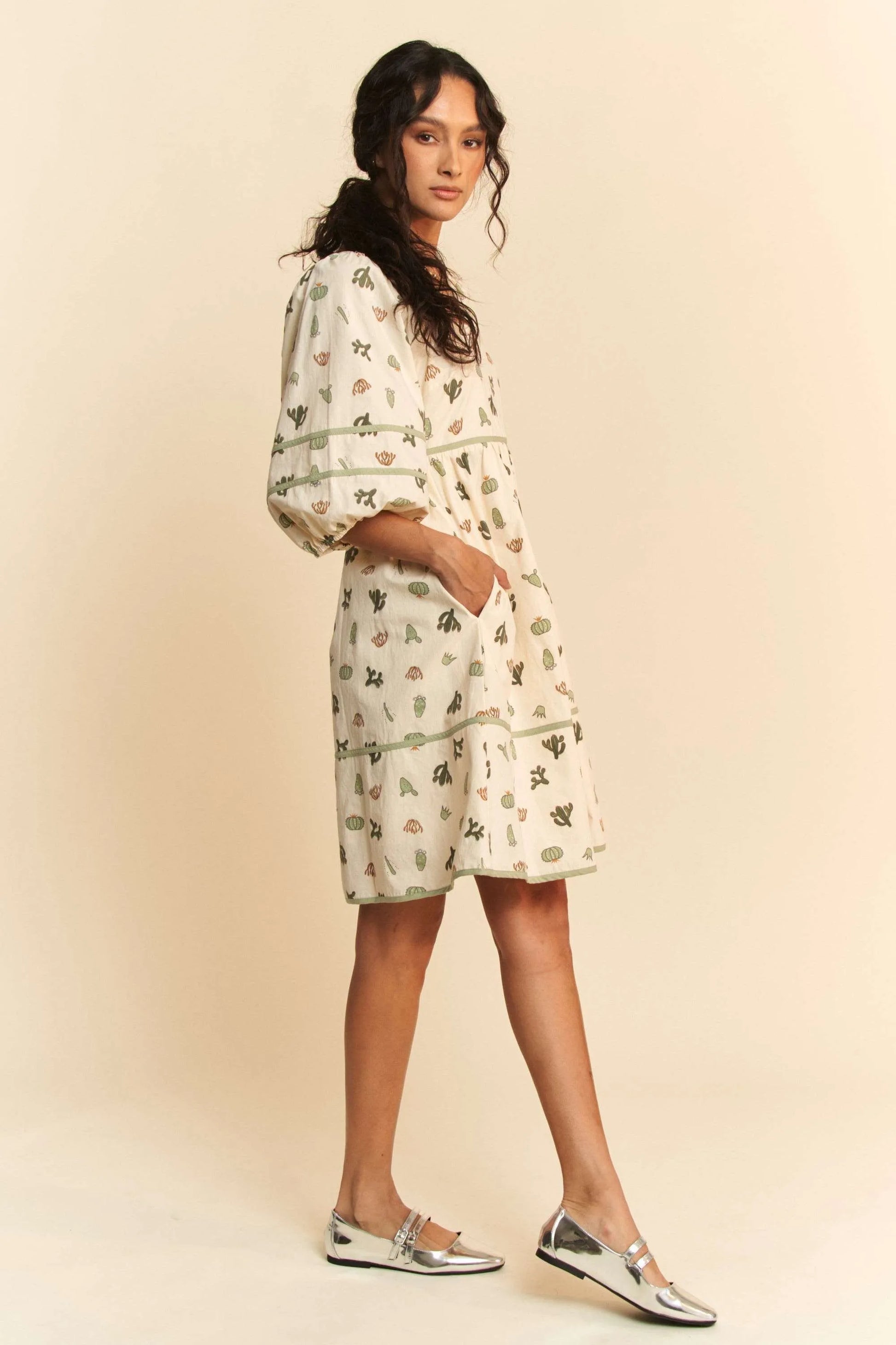 Davi & Dani Cactus Printed Poplin Contrast Piping Mini Dress free shipping -Oh Em Gee Boutique